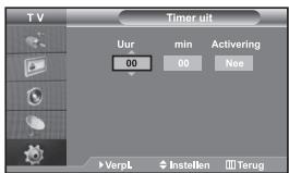 TV Timer uit Uur min Activering 00 00 Nee VerpL Instellen Terug
