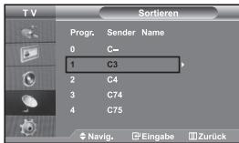 TV Sortieren Progr. Sender Name 0 C- 1 C3 2 C4 3 C74 4 C75 Navig. Eingabe Zurück