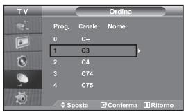 TV Ordina Prog. Canale Nome 0 C— 1 C3 2 C4 3 C74 4 C75 Sposta Conferma Ritorno