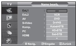 TV Name bearb. Ext1 : — Ext2 : VCR AV : DVD S-Video : D-VHS Komp. : Kabel-STB PC : HD-STB HDMI : Sat-STB Navig. Eingabe Zurück