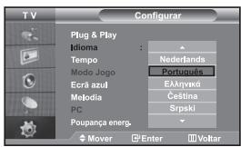 T V Configurar Plug & Play Idioma Tempo Modo Jogo Ecrã azul Mejodia PC Poupança energ. Mover Enter Voltar Nederlands Português Елапукд Češina Srpski