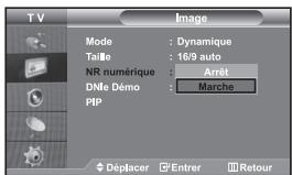 TV Mode : Dynamique Taille : 16/9 auto NR numérique : Arrêt DNLE DÉMO : Marche PIP Déplacer Entrer Retour