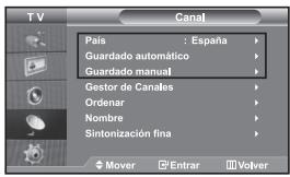 TV Canal País : España Guardado automático Guardado manual Gestor de Canales Ordenar Nombre Sintonización fina Mover Entrar Volver