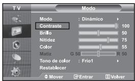 TV Modo Contraste : Dinámico Brillo 50 Nitidez 75 Color 55 Matiz G 50 R 50 Tono de color : Frio1 Restablecer Mover Entrar Volver