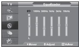 TV Equalizador I/D 100Hz 300Hz 1kHz 3kHz 10kHz R L ► Mover ♦ Adjust □ Volver