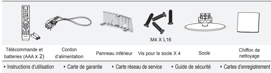 Télécommande et batteries (AAA x 2) Cordon d'alimentation Panneau inférieur Vis pour le socle X 4 Socle Chiffon de nettoyage ♦ Instructions d'utilisation ♦ Carte de garantie ♦ Carte réseau de service ♦ Guide de sécurité ♦ Cartes d'enregistrement