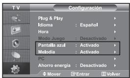T V Configuración Plug & Play Idioma : Español Hora Modo Juego : Desactivado Pantalla azul : Activado Melodia : Activado PC Ahorro energía : Desactivado Mover □Entrar □Volver