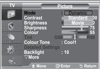 TV Picture Mode : Dynamic Contrast Standard 00 Brightness Movie 0 Sharpness 75 Colour 55 Tint G50 R50 Colour Tone : Cool1 Detailed Settings Backlight : 10 More Move Enter Return