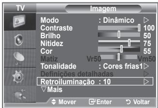 TV Imagem Modo : Dinâmico Contraste 100 Briho 50 Nitidez 75 Cor 55 Matiz Vr50 Vm50 Tonalidade : Cores frias1 Definições detalhadas Retroiluminação : 10 Mais Mover Enter Voltar