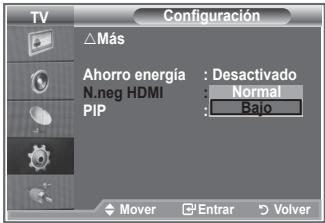 TV △Más Ahorro energía : Desactivado N.neg HDMI : Normal PIP : Bajo ◆ Mover □ Entran ▼ Volver