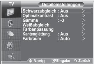 Detaileinstellungen Schwarzabgleich : Aus ▶ Optimalkontrast : Aus ▶ Gamma : -3 ▶ Weißabgleich ▶ Farbanpassung ▶ Kantenglättung : Aus ▶ Farbraum : Auto ▶ Navig □Eingabe □Zurück