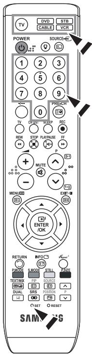 TV DVD STB CABLE VCR POWER SOURCE- 1 2 3 4 5 6 7 8 9 0 TV CHUBS SEEP REC ROW STOP PLAY/MAKE FF + MUTE - MENISSION ENTER /OK RETURN INFO P/WDO S/MOD STILL SOURCE TEXT/MIX BIP DUAL SRS POSITION P USET RESET SAMONG