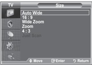 TV Size Auto Wide 16 : 9 Wide Zoom Zoom 4 : 3 Just Scan Move Enter Return