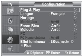 Configuration Plug & Play Langue :Français Horloge Mode Jeu :Arrêt Ecran Bleu : Arrêt Mélodie : Arrêt PC PC Home cinéma :Arrêt Effet lumineux : LED act. marche Plus Déplacer Enter Retour