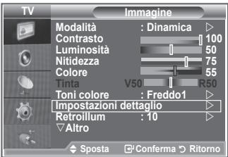 TV Imagine Modalità : Dinamica Contrasto 100 Luminosità 50 Nitidezza 75 Colore 55 Tinta V50 R50 Toni colore : Freddo1 Impostazioni dettaglio Retroillum : 10 Altro Sposta Conferma Ritorno