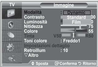 TV Imagine Modalità : Dynamic Contrasto Standard 00 Luminosità Film 0 Nitidezza 75 Colore 55 Tinta V50 R50 Toni colore : Freddo1 Impostazioni dettaglio Retroillum : 10 Altro Sposta Conferma Ritorno