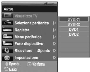 Air 28 Visualizza TV Seleziona periferica Registra Menu periferica Funz dispositivo Ricevitore :Spento Impostazione Sposta Conforma Esci DVDR1 DVDR2 DVD1 DVD2