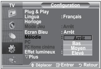 TV Configuration Plug & Play Lingua : Français Horloge Mode Jeu : Arrêt Ecran Bleu : Arrêt Mélodie : Arrêt PC PC Home cinéma : Bas Effet lumineux : Moyen Plus : Elevé Déplacer Enterr Retour