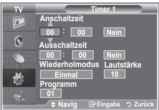 Timer 1 Anschaltzeit 00 : 00 Nein Ausschaltzeit 00 : 00 Nein Wiederholmodus Lautstärke Einmal 10 Programm 01 Navig Eingabe Zurück