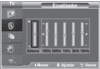 TV Ecualizador R + 0 - L Balance 100Hz 300Hz 1kHz 3kHz 10kHz Mover Ajustar Volver