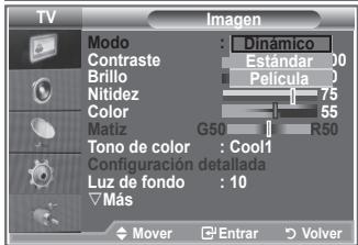 TV Imagen Modo : Dinámico Contraste : Estándar 00 Brillo : Película 0 Nitidez : 75 Color : 55 Matiz : G50 R50 Tono de color : Cool1 Configuración detallada Luz de fondo : 10 Más Mover Entrar Volver