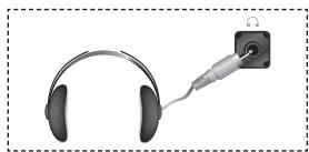Illustration of a pair of headphones connected by a cable to a wall-mounted connector (no text or symbols)