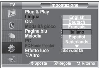 TV Plug & Play Lingua : English Ora : Deutsch Modalità gioco : Français Pagina blu : Italiano Melodia : Español PC : Nederlands PC Home theater : ▼ Effetto luce : Mod visione ON Altro Sposta Regola Ritorno