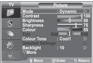 TV Picture Mode : Dynamic Contrast 100 Brightness 50 Sharpness 75 Colour 55 Tint G50 R50 Colour Tone : Cool1 Detailed Settings Backlight : 10 More Move Enter Return