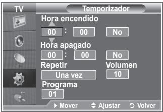 Temporizador Hora encendido 00 : 00 No Hora apagado 00 : 00 No Repetir Una vez Volumen 10 Programa 01 Mover Ajustar Volver