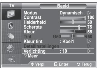 TV Modus Contrast Helderheid Scherpte Kleur Tint Kleur tint : Koel1 Detailinstellingen Verlichting : 10 Meer Dynamisch 100 50 75 55 G50 R50 Verpl Enter Terug