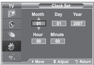TV Clock Set Month Day Year 01 01 2007 Hour Minute 00 00 Move Adjust Return