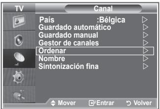 TV Canal País :Bélgica Guardado automático Guardado manual Gestor de canales Ordenar Nombre Sintonización fina Mover Entrar Volver