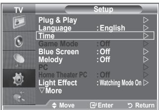 TV Setup Plug & Play Language : English Time Game Mode : Off Blue Screen : Off Melody : Off PC Home Theater PC : Off Light Effect : Watching Mode On More Move Enter Return
