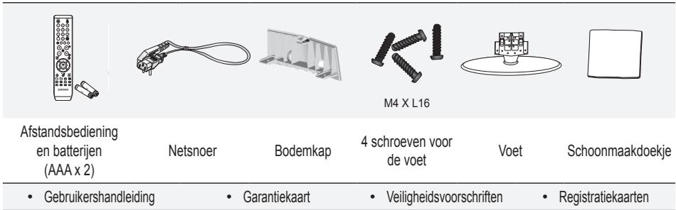 Afstandsbediening en batterijen (AAA x 2) Netsnoer Bodemkap 4 schroeven voor de voet Voet Schoonmaakdoekje • Gebruikershandleiding • Garantiekaart • Veiligheidsvoorschriften • Registratiekaarten