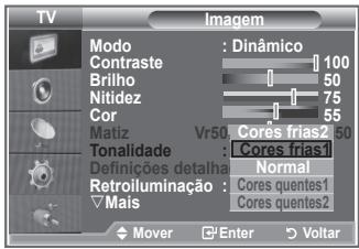 Imagem Modo : Dinâmico Contraste 100 Brilho 50 Nitidez 75 Cor 55 Matiz Vr50 Cores frias2 50 Tonalidade : Cores frias1 Definições detalha Normal Retroiluminação : Cores quentes1 Mais Cores quentes2 Mover Enter Voltar