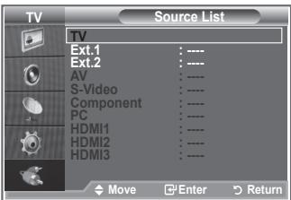 TV Source List TV Ext.1 Ext.2 AV S-Video Component PC HDMI1 HDMI2 HDMI3 Move Enter Return