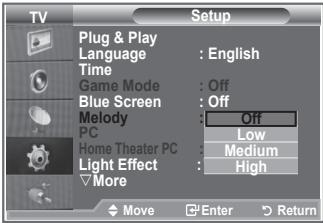TV Setup Plug & Play Language : English Time Game Mode : Off Blue Screen : Off Melody : Off PC Home Theater PC : Low Light Effect : Medium More : High Move Enter Return