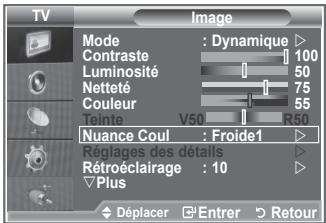 TV Image Mode : Dynamique ▶ Contraste 100 Luminosité 50 Netteté 75 Couleur 55 Teinte V50 R50 Nuance Coul : Froide1 ▶ Réglages des détails ▶ Rétroéclairage : 10 ▶ Plus ▽ Déplacer Entrer Retour