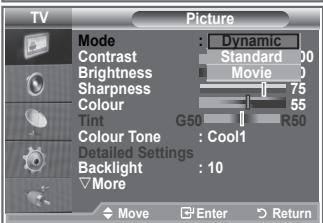 TV Picture Mode : Dynamic Contrast Standard 100 Brightness Movie 0 Sharpness 75 Colour 55 Tint G50 R50 Colour Tone Cool1 Detailed Settings Backlight : 10 More Move Enter Return