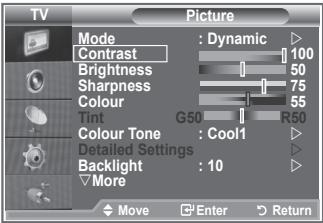 TV Picture Mode : Dynamic Contrast 100 Brightness 50 Sharpness 75 Colour 55 Tint G50 R50 Colour Tone : Cool1 Detailed Settings Backlight : 10 More Move Enter Return