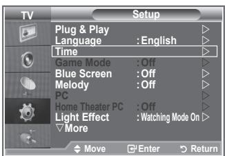 TV Setup Plug & Play Language : English Time Game Mode : Off Blue Screen : Off Melody : Off PC Home Theater PC : Off Light Effect : Watching Mode On More Move Enter Return