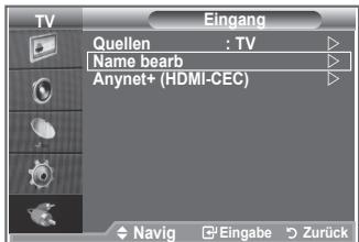 TV Eingang Quellen : TV Name bearb Anynet+ (HDMI-CEC) Navig Eingabe Zurück