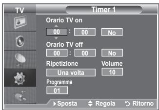 Timer 1 Orario TV on 00 : 00 No Orario TV off 00 : 00 No Ripetizione Volume Una volta 10 Programma 01 ► Sposta ◆ Regola ◎ Ritorno
