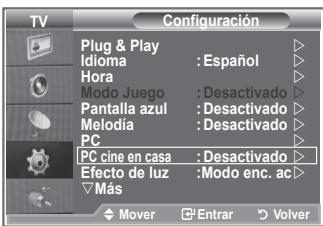 TV Configuración Plug & Play Idioma : Español Hora Modo Juego : Desactivado Pantalla azul : Desactivado Melodia : Desactivado PC PC cine en casa : Desactivado Efecto de luz : Modo enc. ac Más Mover Entrar Volver