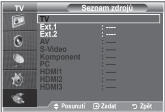TV Seznam zdrojú TV Ext.1 Ext.2 AV S-Video Komponent PC HDMI1 HDMI2 HDMI3 Posunutí Zadat Zpět