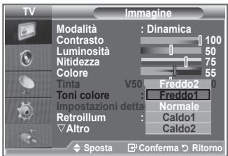 TV Imagine Modalità : Dinamica Contrasto 100 Luminosità 50 Nitidezza 75 Colore 55 Tinta V50: Freddo2 0 Toni colore : Freddo1 Impostazioni detta Normale Retroillum : Caldo1 Altro : Caldo2 Sposta Conferma Ritorno