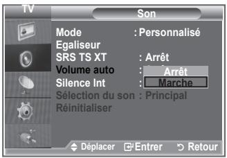 TV Son Mode : Personnalisé Egaliseur SRS TS XT : Arrêt Volume auto : Arrêt Silence Int : Marche Sélection du son : Principal Réinitialiser Déplacer Entrer Retour