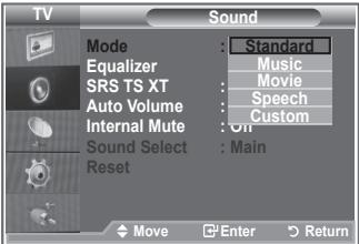 TV Sound Mode : Standard Equalizer : Music SRS TS XT : Movie Auto Volume : Speech Internal Mute : Custom Sound Select : On Reset : Main Move Enter Return
