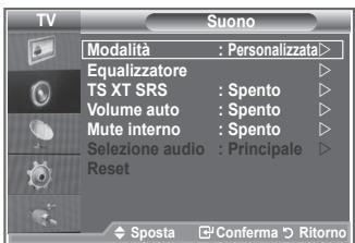 TV Suono Modalità : Personalizzata > Equalizzatore TS XT SRS : Spento Volume auto : Spento Mute interno : Spento Selezione audio : Principale Reset Sposta Conferma Ritorno