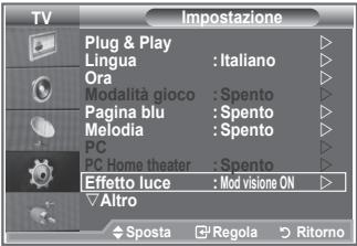 TV Plug & Play Lingua : Italiano Ora Modalità gioco : Spento Pagina blu : Spento Melodia : Spento PC PC Home theater : Spento Effetto luce : Mod visione ON Altro Sposta Regola Ritorno